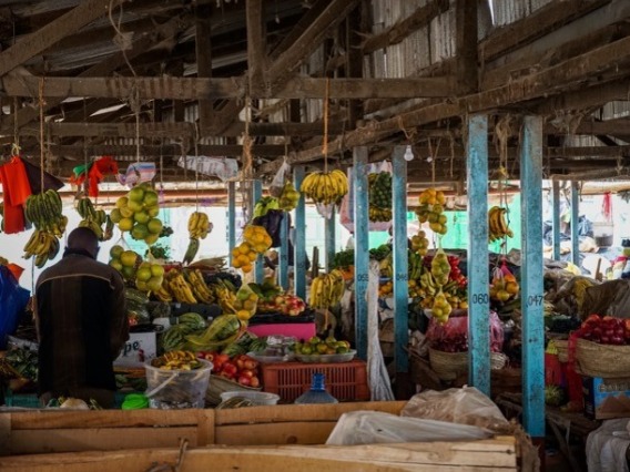 A fruit market with a worker sorting fruit