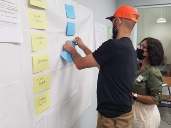 A man and woman putting color-coded notes on a whiteboard